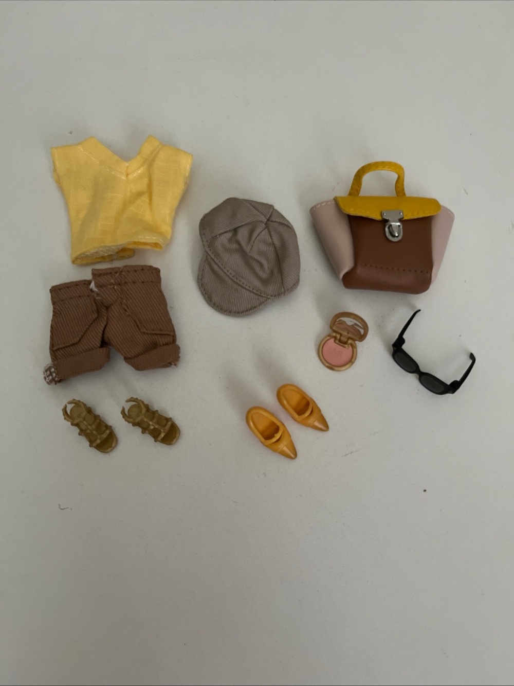 Barbie Doll Accessories Lot Shorts Yellow Top Handbag Compact Glasses Sandals